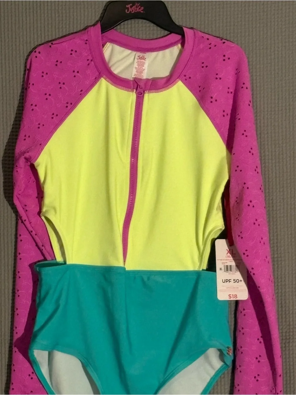 Justice Neon Yellow, Hot Pink & Teal Long Sleeve One-Piece Swimsuit